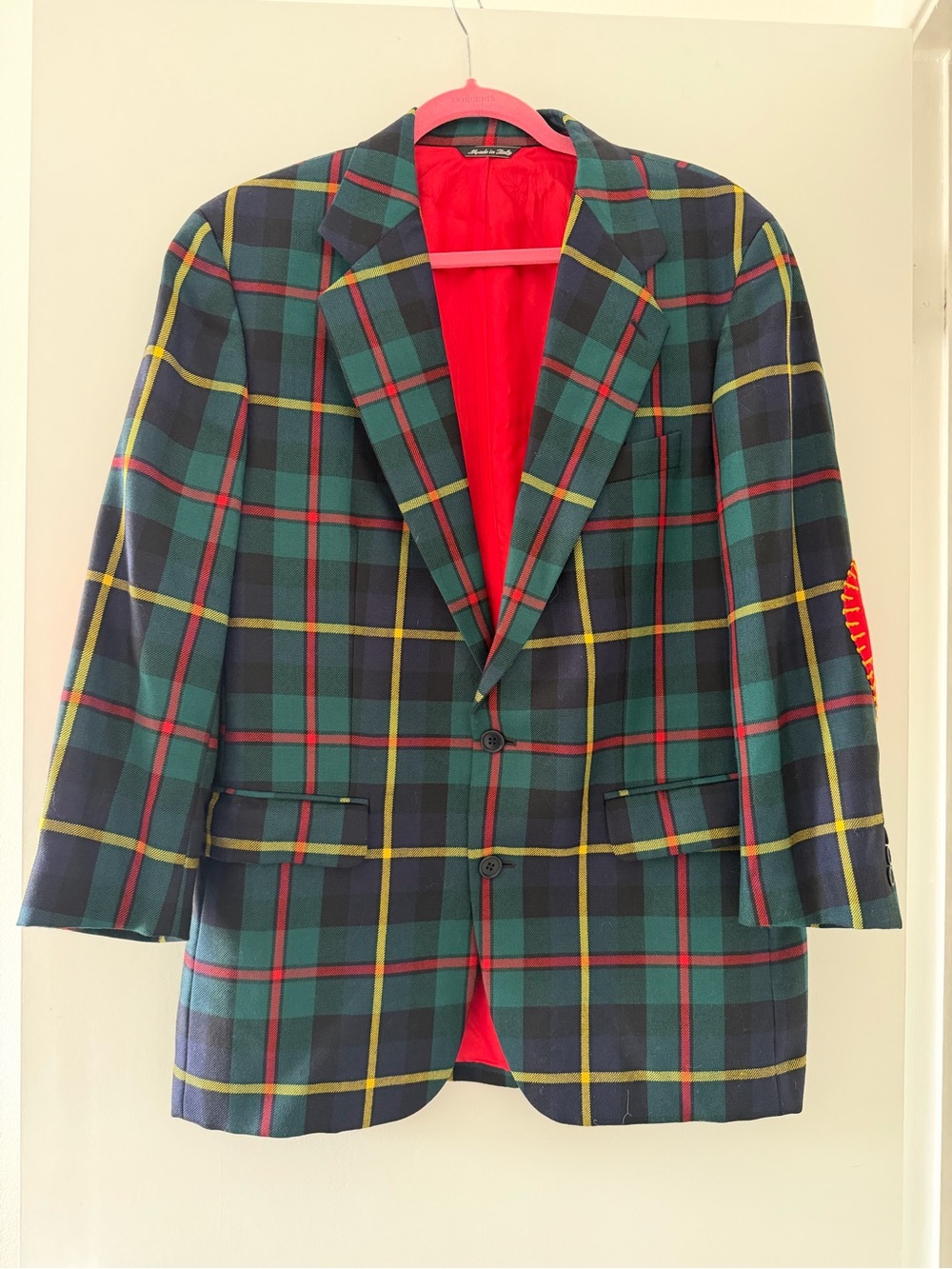 Moschino Plaid Green & Navy Blazer with Red Lining and red heart elbow patches